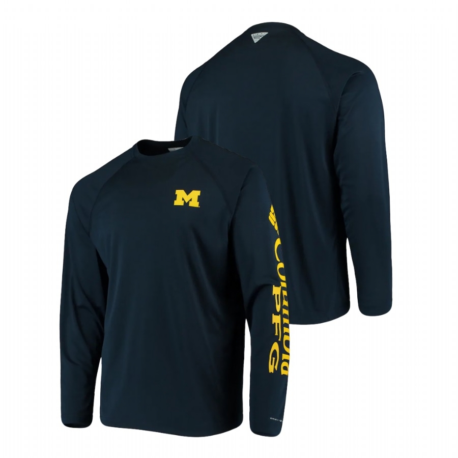 Michigan Wolverines Men's NCAA Navy Team Logo Long Sleeve Omni-Shade PFG Terminal Tackle College Football T-Shirt HKF6149QC